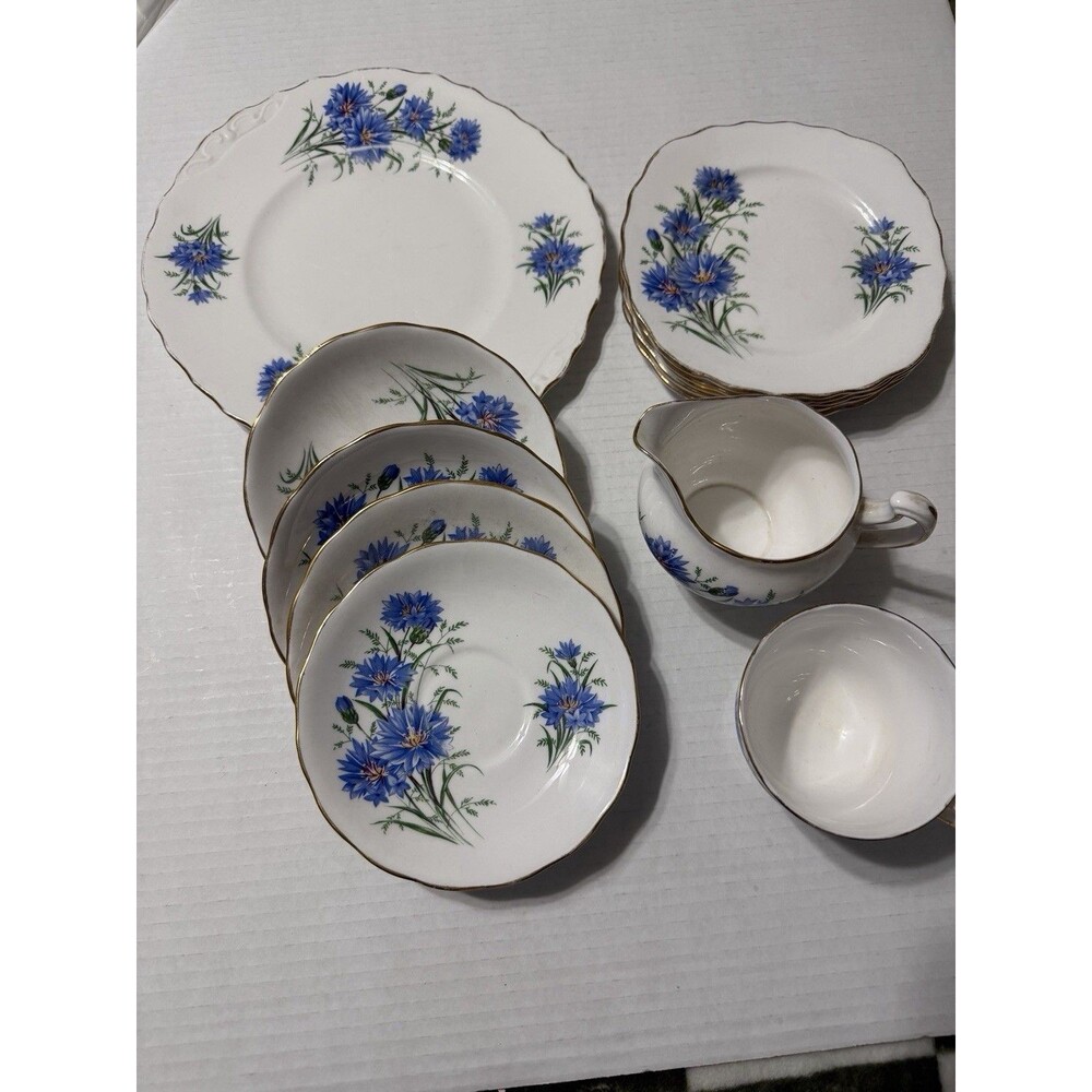 Vintage Royal Vale B568 Bone China Blue Floral Gold Trim Tea Set Engla